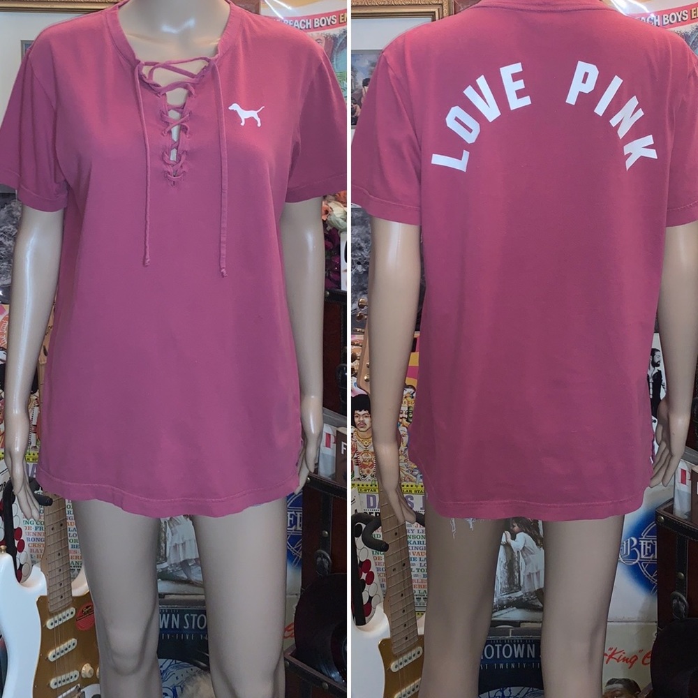 Womens XS small sm PINK Victoria’s Secret dog love pink sleeved t shirt top